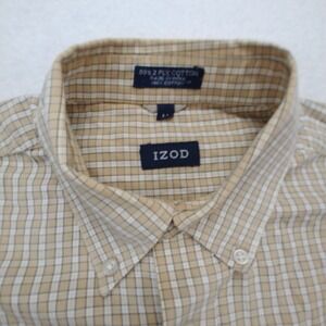 Vintage IZOD Mens Meduim  Button Down Shirt Dress Casual Tan& White LongSlve